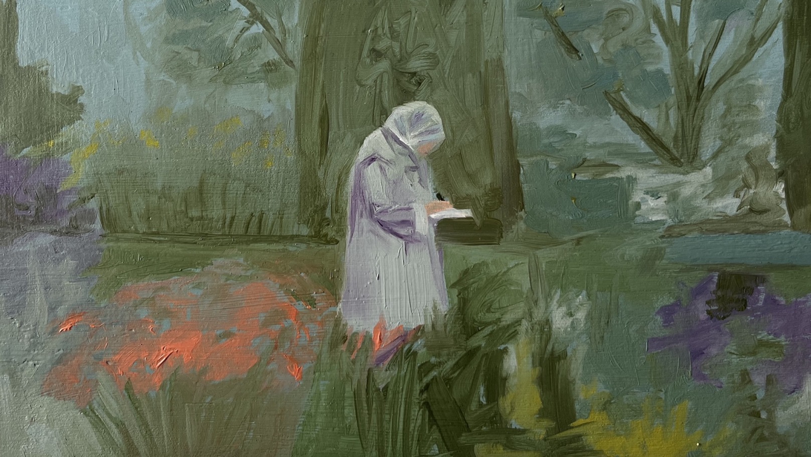 Laura McMorrow, Granny in the Garden, 2022. | Laura McMorrow: The Gardener Digs | Saturday 19 October 2024 – Saturday 18 January 2025 | The Dock | Image: Laura McMorrow, Granny in the Garden, 2022 | we see a figure in what is (presumably) a (very lush-looking) garden; the stading figure, right in the middle of the image, appears to be in full, pale rain-gear, is viewed from the side, and is apparently writing or drawing something in a very white, hand-held notebook; closer to us towards th left are the heads of flowers, possibly gladioli, quickly suggested; farther away, there seems to be what would be an enormous trunk of a tree, with suggestions of other trees, flowers; also patches of purple; the one on the right may suggest a small pond 