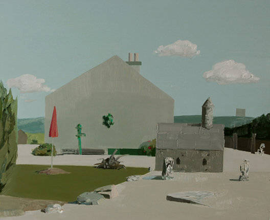 Mairéad O hEocha: House with Miniature Round Tower, Co. Carlow, oil on board, 40 x 49 cm, 2008; image courtesy the artist and mother's tankstation | Mairead O’hEocha: whisper concrete | Saturday 19 March – Sunday 1 May 2011 | Butler Gallery
