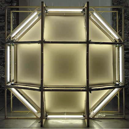 Davide Cascio: Polyhedra (a room in which to read Joyce’s Ulysses), 2004, cardboard, wood, neon, plastic flowers, 300 x 300 x 300 cm; Courtesy of the Museo Cantonale d’Arte Lugano; photo: Pino Musi | Convergence: Literary Art Exhibitions | Thursday 16 June – Saturday 6 August 2011 | Golden Thread Gallery