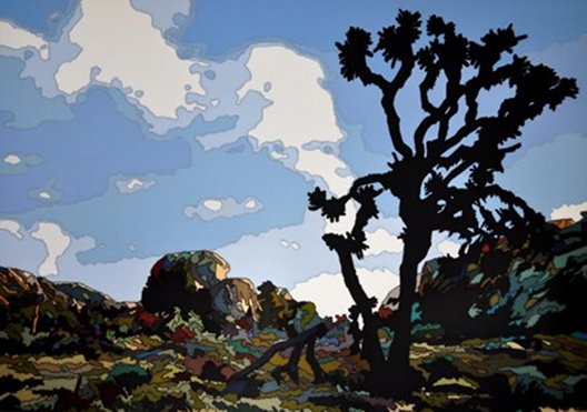 Rowena Dring: Joshua Tree, early evening, blue-sky version, 2010, Stitched Fabric over Canvas, 70 x 100 cm | Undertones | Saturday 7 July – Saturday 25 August 2012 | Rubicon Gallery