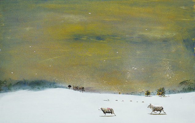 Ann Quinn: Sheep making their way across the Curragh in the snow, 2013, oil on canvas | Ann Quinn: Subtle Correspondence | Friday 14 June – Saturday 13 July 2013 | Taylor Galleries
