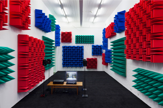 Haroon Mirza: Digital Switchover, 2012, Installation View, Kunst Halle Sankt Gallen, St.Gallen, 2012, 1 x control box, 4 x active speakers, 1 x relay, 1 x DVD player, 1 x TFT monitor, LEDs, foam. Courtesy the artist and Kunst Halle Sankt Gallen, Photo Gunnar Meier, © Haroon Mirza | Haroon Mirza: Are jee be? | Saturday 8 March – Sunday 8 June 2014 | IMMA