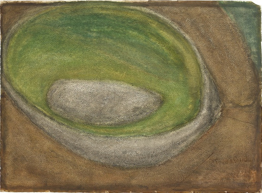 Maria Simonds-Gooding: Enclosed Ring Fort, 1970, Gouache on paper, 54 x 77 cm, Collection Terry Fitzgerald | Maria Simonds-Gooding: A Retrospective | Friday 5 September – Sunday 26 October 2014 | Royal Hibernian Academy