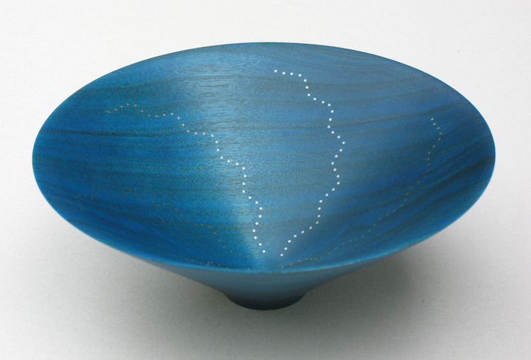 Roger Bennett, Indigo Bowl #2, coloured sycamore bowl (indigo), inlaid with silver dots in a spiral pattern, 10.5 (d) x 5.5 (h)cm | Portfolio: Basketry & Woodturning | Friday 4 September – Saturday 26 September 2015 | Solomon Fine Art