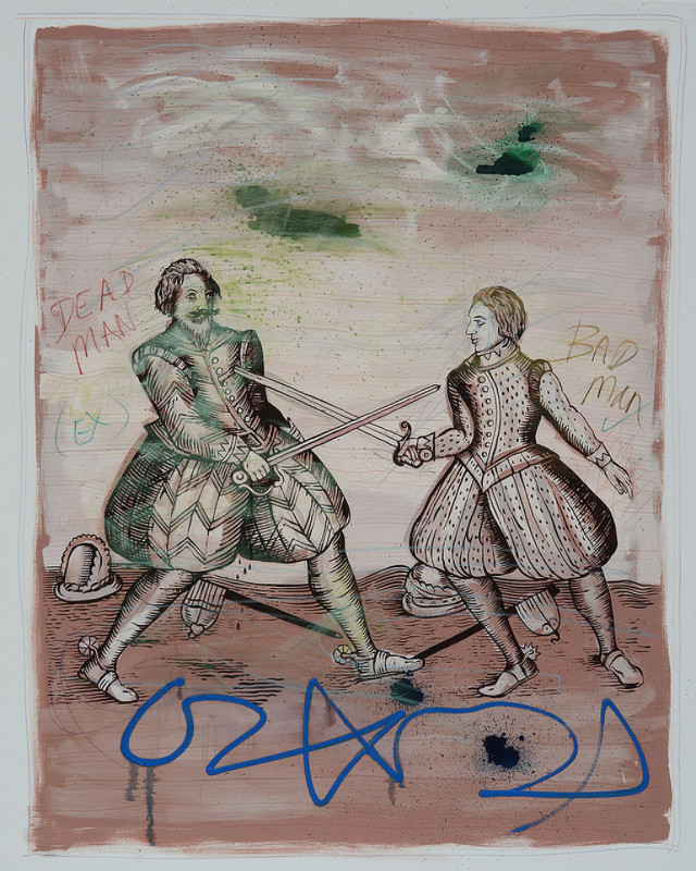 David Godbold: Untitled (Duelists with green clouds), 2015, acrylic, synthetic polymer, oil, oil stick, ink and crayon on canvas, 150 x 120 cm / 59.1 x 47.2 in | David Godbold: More like living than life itself | Friday 4 September – Saturday 10 October 2015 | Kerlin Gallery