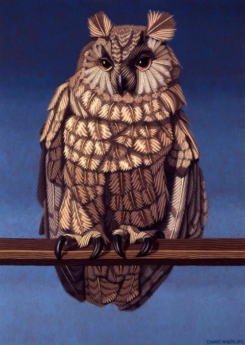 Edward McGuire: Owl, 1973, Oil on canvas, 86.36 x 60.96 cm, Collection Irish Museum of Modern Art, Heritage Gift, P.J. Carroll & Co. Ltd. Art Collection, 2005, | IMMA Collection: Nick Miller and the studio of Edward McGuire | Thursday 19 November 2015 – Monday 2 May 2016 | IMMA