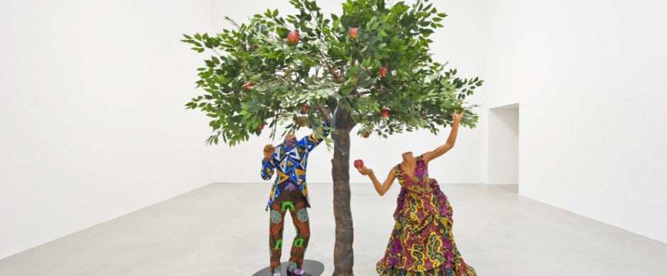 Yinka Shonibare MBE, 'Adam and Eve' 2013, Mannequins, Dutch wax cotton textile, fibregalss, wire and steel baseplate, 285x230x115cm. Copyright the artist. Courtesy the artist and Stephen Friedman gallery, London and Blain Southern Berlin. Photo by Christian Glaeser, 2014.   | Yinka Shonibare MBE RA: Recreating the Pastoral | Saturday 6 February – Sunday 19 June 2016 | VISUAL Centre for Contemporary Art