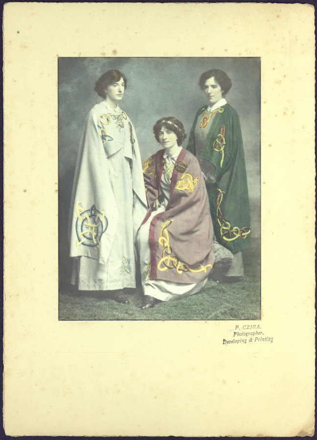 Hand-coloured full length studio portrait of (L-R) Nora, Laura and Agnes Daly in costumes of Celtic design | Limerick and the 1916 Rising | Monday 21 March – Sunday 15 May 2016 | Hunt Museum
