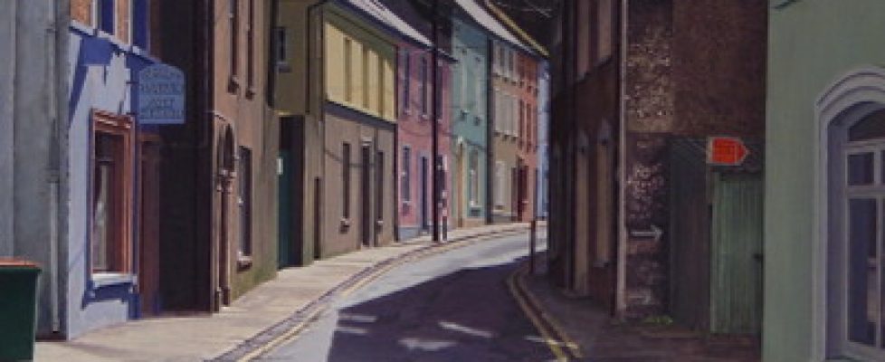 John Doherty, The Curved Street (Stronad Street, Youghal), acrylic on canvas, 81 x 122 cm sq