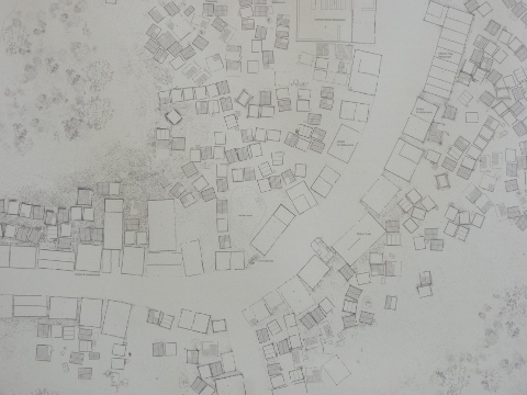 Grainne Hassett: Detail Calais Refugee Camp February 28th 2016, 2017 Laser print on canvas Grainne Hassett / The Calais Builds Project | Grainne Hassett: The Calais Maps | Wednesday 29 March – Sunday 23 April 2017 | IMMA