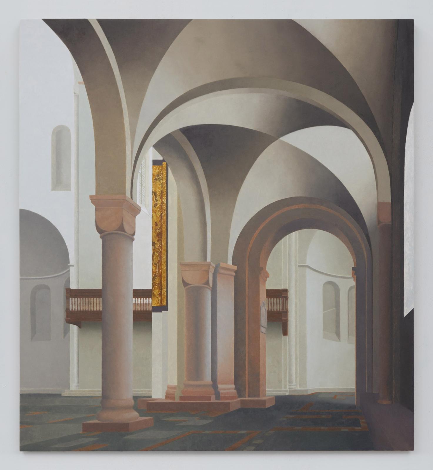 Paul Winstanley, Faith (After Saenredam), 2016, oil and gold leaf on gesso on panel, 72 x 66 cm / 28.3 x 26 in | Paul Winstanley: Faith After Saenredam and Other Paintings | Saturday 20 May – Saturday 1 July 2017 | Kerlin Gallery