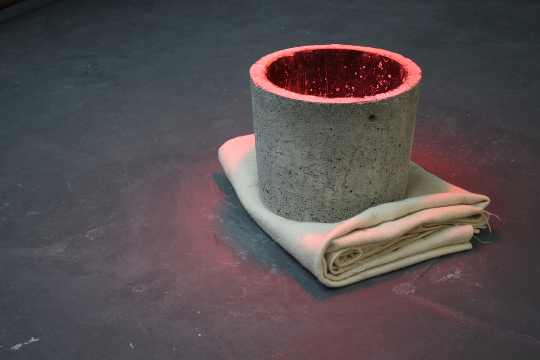 Katie Watchorn: Cud Milk and Heats, 2014, concrete, wool blanket, salt solution, heat-lamp, dimensions variable | Bare Root | Monday 23 October – Friday 1 December 2017 | Wexford Arts Centre