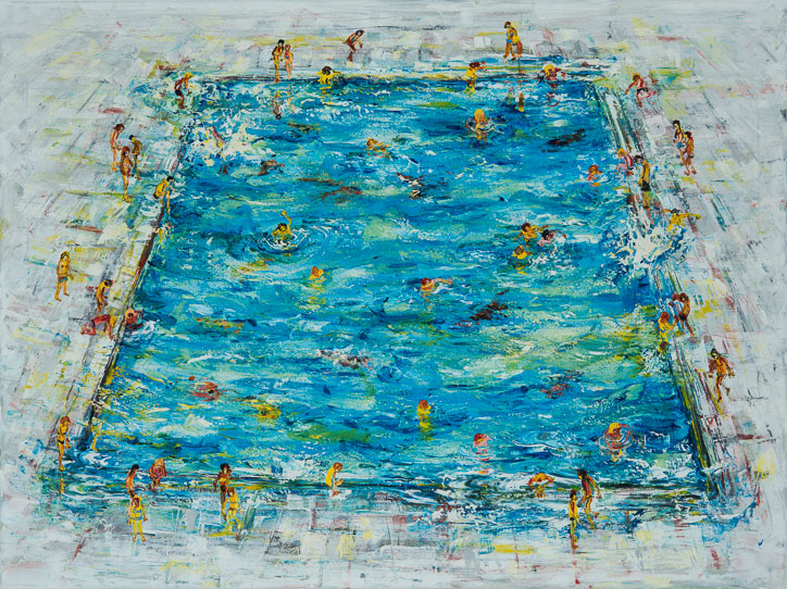 Stephen Forbes: Swimming Pool, 2017, oil on canvas, 105 x 140cm | Stephen Forbes: Movement | Thursday 1 February – Thursday 1 March 2018 | Gormleys Fine Art, Dublin