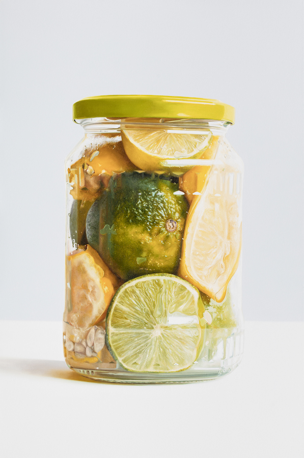 Stephen Johnston: Lemons and Limes in Jar, 2018, oil on canvas, 81 x 119 cm | Summer Show | Saturday 21 July – Saturday 1 September 2018 | Gormleys Fine Art, Dublin