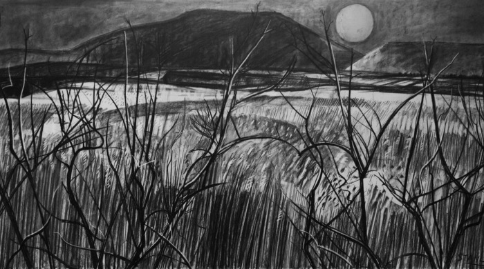 Jacqueline Stanley HRHA, Full Moon, Mount Gabriel, 1990, Charcoal, Conte and Silver Leaf on Paper, 98 x 176 cm, Image courtesy of the artist. | Jacqueline Stanley HRHA: Large Drawings | Thursday 4 October – Sunday 4 November 2018 | Royal Hibernian Academy