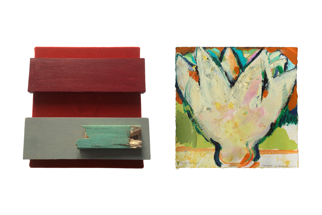 ‘Red’, Katherine Boucher Beug, velvet and painted wood, 20 x 24 cm , 2017 & ‘Aglaonema’, Susanne Leutenegger, acrylic paint, oil bar, oil pastel on Fabriano paper, 25 x 25.5,cm, 2018 | Katherine Boucher Beug and Susanne Leutenegger: Conversations | Friday 1 February – Friday 15 February 2019 | Studio 12