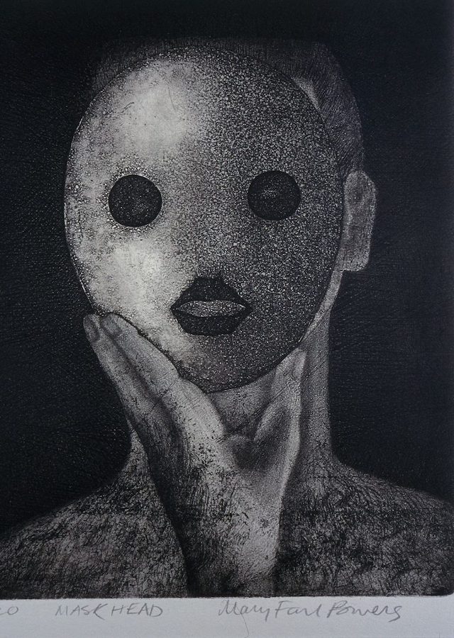 Mary Farl Powers, Mask Head I, 1973, Etching, 30.5 x 25 cm, Collection Irish Museum of Modern Art: Donation, Powers Family, 2009 | IMMA Collection: A Fiction Close to Reality | Friday 15 February – Sunday 13 October 2019 | IMMA