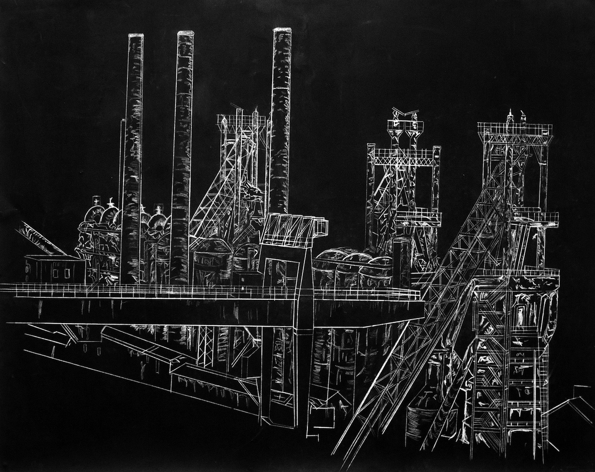 Jason Deans: Ebbw Vale Steelworks, Acrylic and Pencil on Paper, 159 x 113cm, 2018 | Jason Deans: As If Nothing Ever Lasts | Sunday 21 July – Saturday 14 September 2019 | SIRIUS