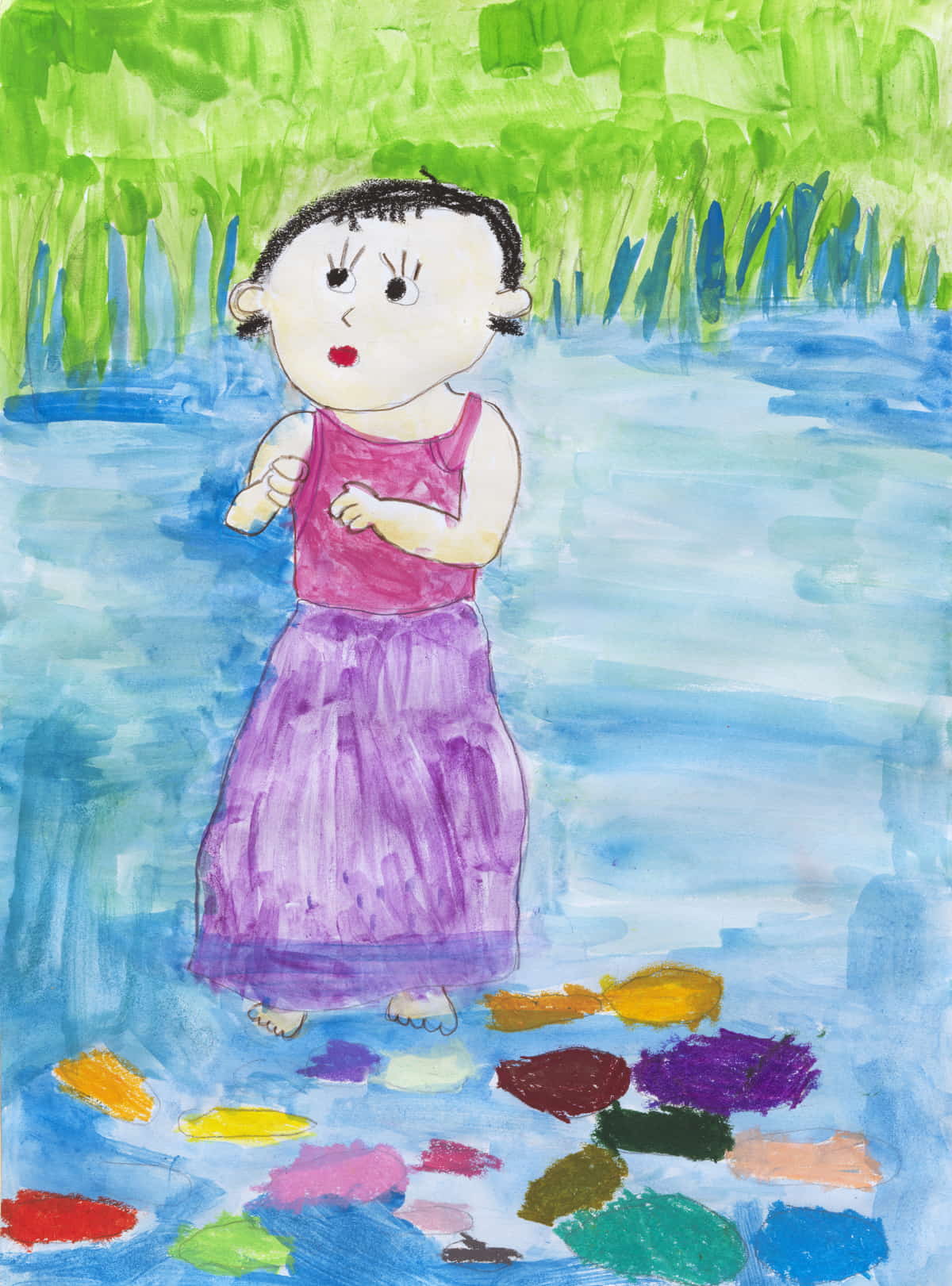 Francesca Chu: Standing in a Tranquil Stream, watercolour, oil pastel, coloured pencil on paper | Zurich Young Portrait Prize 2020 | Viewable online from 1 April 2021; in venue 10 May – Sunday 11 July 2021 | Crawford Art Gallery