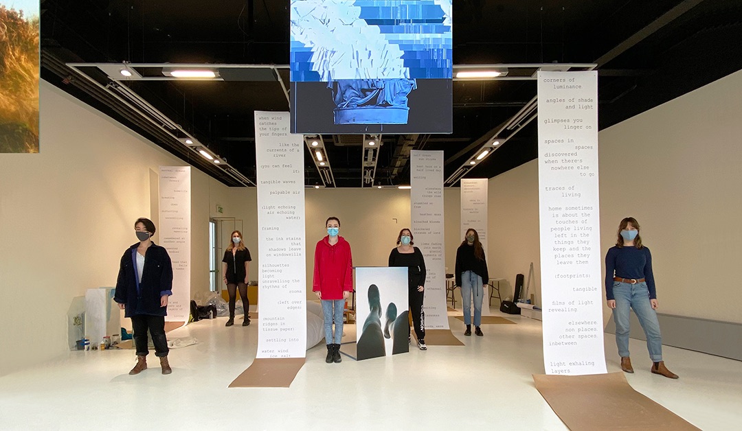 LUCIDA Collective (L-R: Michaela Nash, Eileen Mantel, Katie Whyte, Jane Tonra, Lydia Hickey, Silvia Koistinen), Infinite Becomings (13 April - 11 May, 2021) installation progress in NCAD Gallery, 2021. | Infinite Becomings | Tuesday 13 April – Tuesday 11 May 2021 | NCAD Gallery