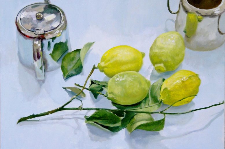  Blaise Smith: Lemons and Teapot, 2005, oil on canvas 50 x 70cm © the artist; Private Collection | Blaise Smith: Still Life Paintings | Saturday 18 September – Sunday 14 November 2021 | Butler Gallery