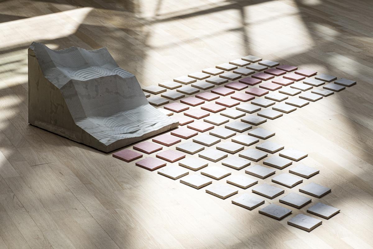 Niamh Schmidtke, Foundations, 2020, digitally carved sandstone block, 93 fired ceramic tiles stained with natural oxides | Belonging | Thursday 10 February – Sunday 24 April 2022 | Bourn Vincent Gallery