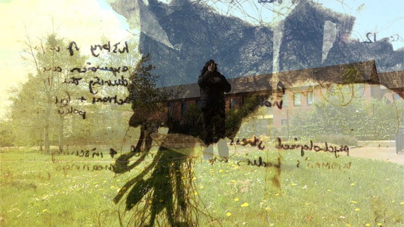 Digital Collage consisting of 3 images layered on top of each other. visible elements consist of black hand written text and in the background the image of a person beside a building and some trees | Sinéad O’Donnell, Selina Bonelli, Marta Bosowska: Tairseach | public performance Saturday 25 June public performance Saturday 25 June | 