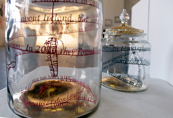 Nicola Anthony, An Anthology of Displacement, glass vessels, gold leaf, clock mechanisms, texts, mixed media, 130 x 30 x 50 cm (variable), 2019. | Breaking Borders | Saturday 2 July – Sunday 25 September 2022 | Luan Gallery