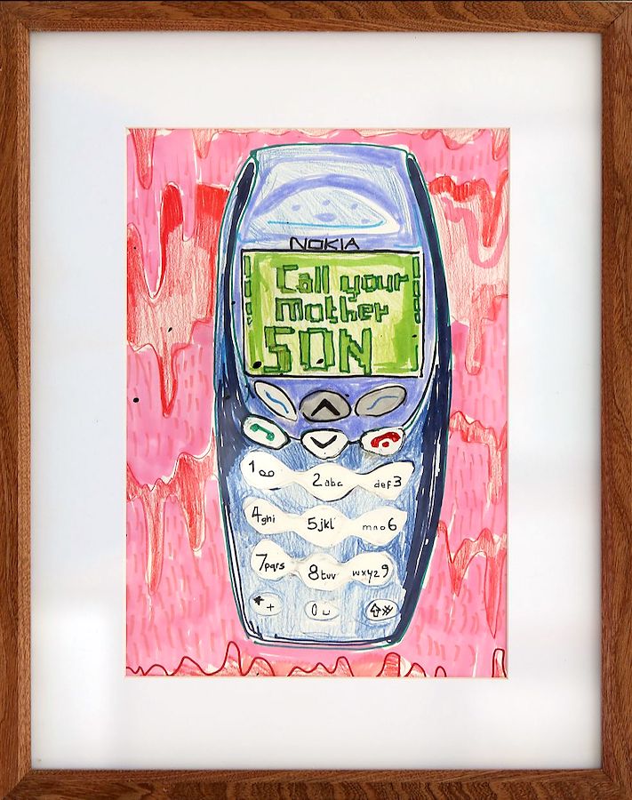 Sheila Rennick, Call your Mother, 2022, Inks and Marker on A4 Paper, 41.5 x 33 cm (framed) | Sheila Rennick: Neon Orchids | Tuesday 20 September – Sunday 16 October 2022 | Kevin Kavanagh