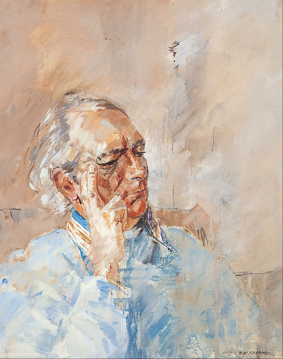 Basil Blackshaw, Portrait of Brian Friel, 1981, oil on canvas, 51 x 41 cm | Cover Versions – The Gallery Press | Friday 18 November 2022 – Sunday 29 January 2023 | Royal Hibernian Academy