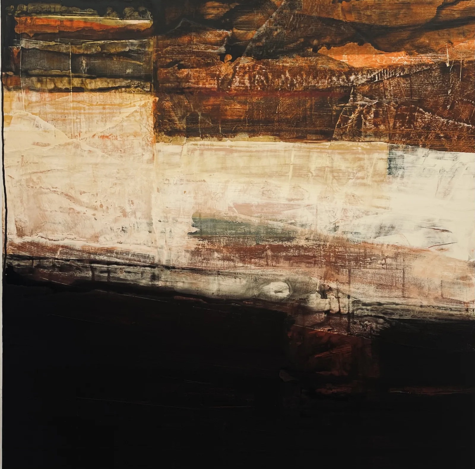 Bridget Flannery: Yamba IV, acrylic & collage on canvas, 100 x 100 cm | Bridget Flannery: Terra Incognita | Thursday 12 January – Saturday 4 February 2023 | Solomon Fine Art