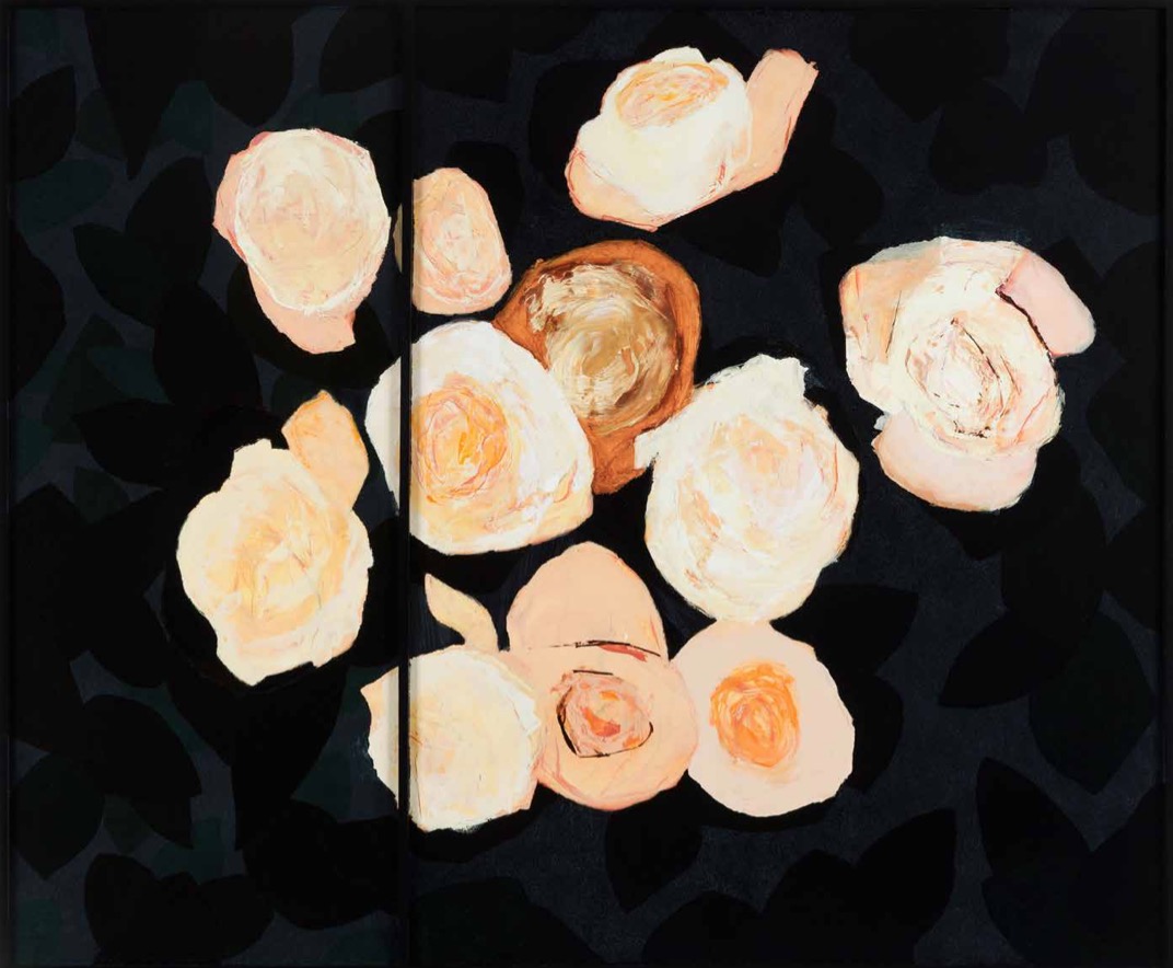 Casey Walshe: Come on Baby | Saturday 25 February – Sunday 16 April 2023 | Limerick City Gallery | Image: Painting, possibly a diptych, appears to be of roses in pale colours, seen from above against a dark background patterned with even darker leaf-shapes 