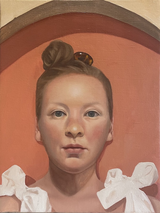 Vanessa Lee Jones, Wall (self-portrait), detail, 2022, oil on Linen, 35 x 27cm, courtesy of the artist | Vanessa Lee Jones: Hortus Conclusus | Friday 31 March – Sunday 30 April 2023 | Royal Hibernian Academy | Image: Vanessa Lee Jones, Wall (self-portrait), detail, 2022, oil on Linen, 35 x 27cm, courtesy of the artist – realistic self-portrait of the artist looking straight ahead; palette white, orange, pink, brown; hair in a bob, large white bows on shoulders 