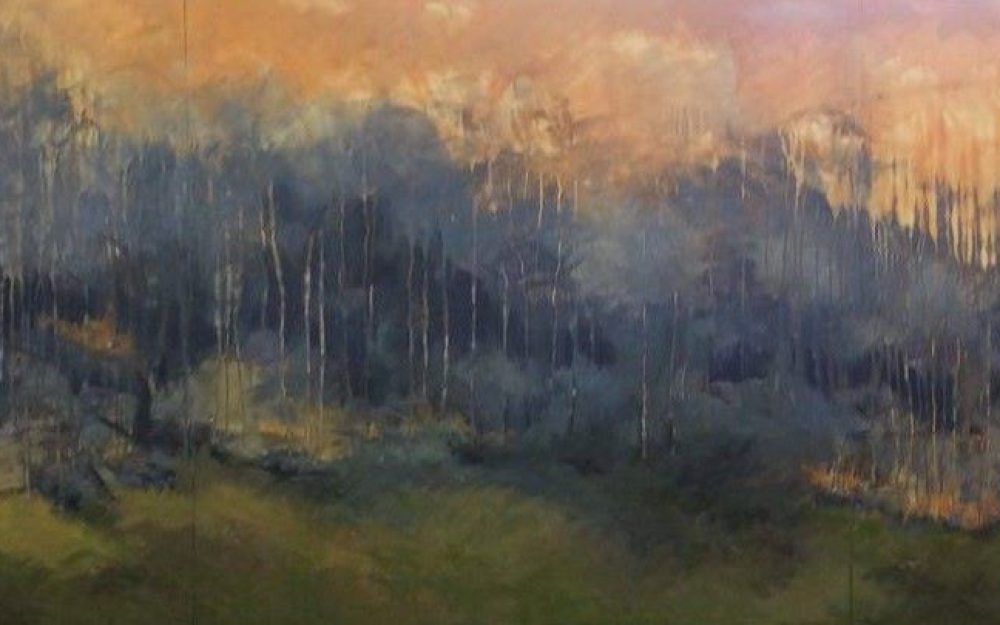 Brian Byrne: Images from the Borderlands | Thursday 6 April – Saturday 13 May 2023 | Regional Cultural Centre | Image: landscape painting showing muted, sap-green field in foreground and many greyish trees with pale trunks occupying the background below a orange-rose sky 