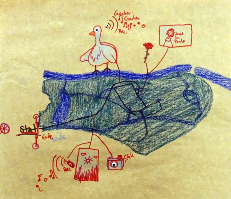 Urban Survival Kits Exhibition 2023 | Thursday 23 March – Friday 21 April 2023 | Atypical Gallery | Image: crayon and marker (?) and googly-eyes drawing on yellowish paper; we see a duck at a pond, singing, and a possible person taking a photo and playing or recording music on their phone 