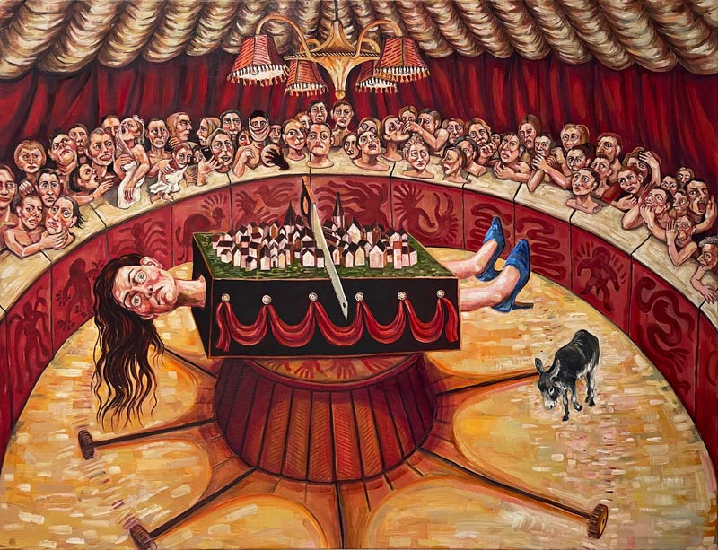 Rita Duffy, Circus Animals' Desert, 2023, oil on linen, 65 x 90 cm © Rita Duffy | Rita Duffy: Persistent Illusion | Saturday 10 June – Sunday 8 October 2023 | Crawford Art Gallery