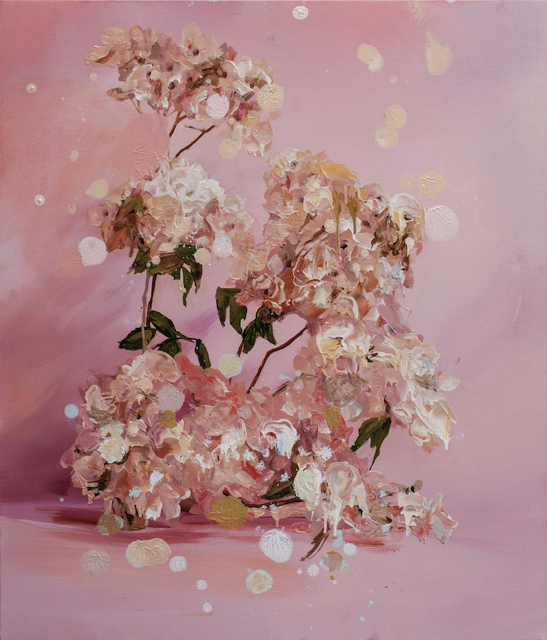 Melissa O'Donnell: Meditative Hydrangeas, 2023, Oil on Canvas, 70 x 60cm | Melissa O’Donnell: Beautiful Decay | Thursday 4 May – Saturday 27 May 2023 | Solomon Fine Art | Image: Melissa O'Donnell: Meditative Hydrangeas, 2023, Oil on Canvas, 70 x 60cm – very pink overall; fading hydrangeas against a pink background; circular, pale spots of various sizes, like motes or confetti or raindrops, partially obscure the plant; the leaves are bent from lack of water 