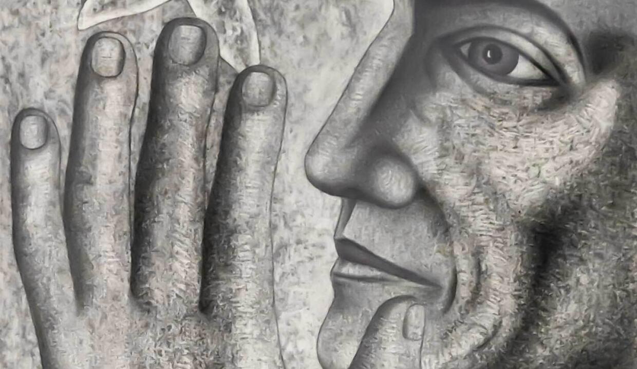 Jim Cathcart: A Retrospective Exhibition | Friday 7 July – Saturday 22 July 2023 | RUA RED | Image: greyscale close-up of a left hand and the left side of a gaunt face; hint of a flower in the background 