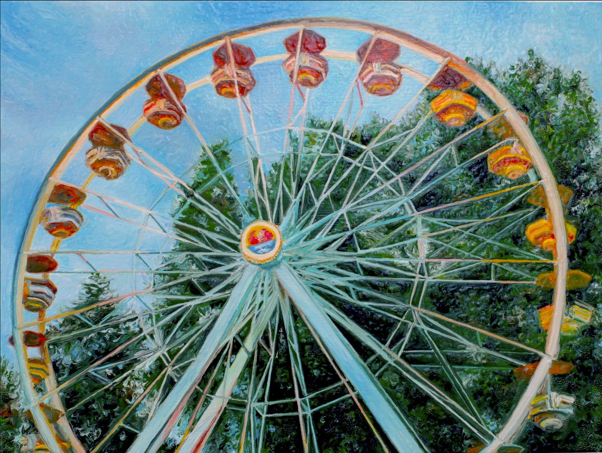 Paul McKinley: POMEGRANATE | Thursday 22 June – Saturday 15 July 2023 | Kevin Kavanagh | Image: Paul McKinley, Zazai Park, 2023, oil on panel, 21 x 28 cm – painting of a ferris wheel viewed from ground level, against dark-green trees and a misty-blue sky; the seats look more like Chinese lanterns; cheerful palette 