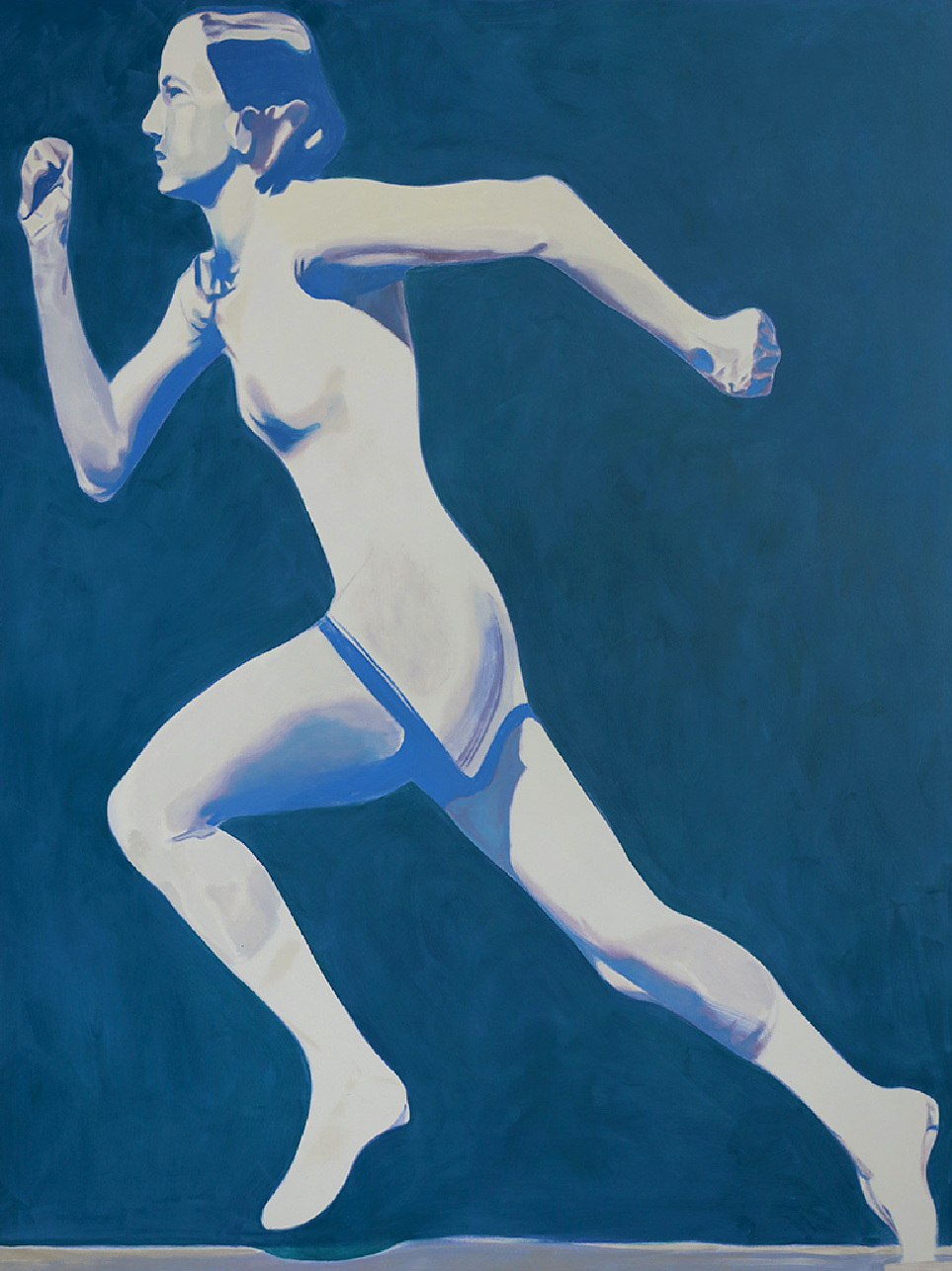 Colm Mac Athlaoich: Sprinting woman right to left, oil on canvas, 200 x 150cm; © the artist, courtesy Grove Berlin | The Art of Sport | Saturday 12 August – Sunday 8 October 2023 | Butler Gallery | Image: Colm Mac Athlaoich: Sprinting woman right to left, oil on canvas, 200 x 150cm; © the artist, courtesy Grove Berlin – paintings in shades of blue / cyan + white; the woman depicted takes up the whole canvas; clad in older-style athletic gear, she is headed across towards the left edge of the canvas 