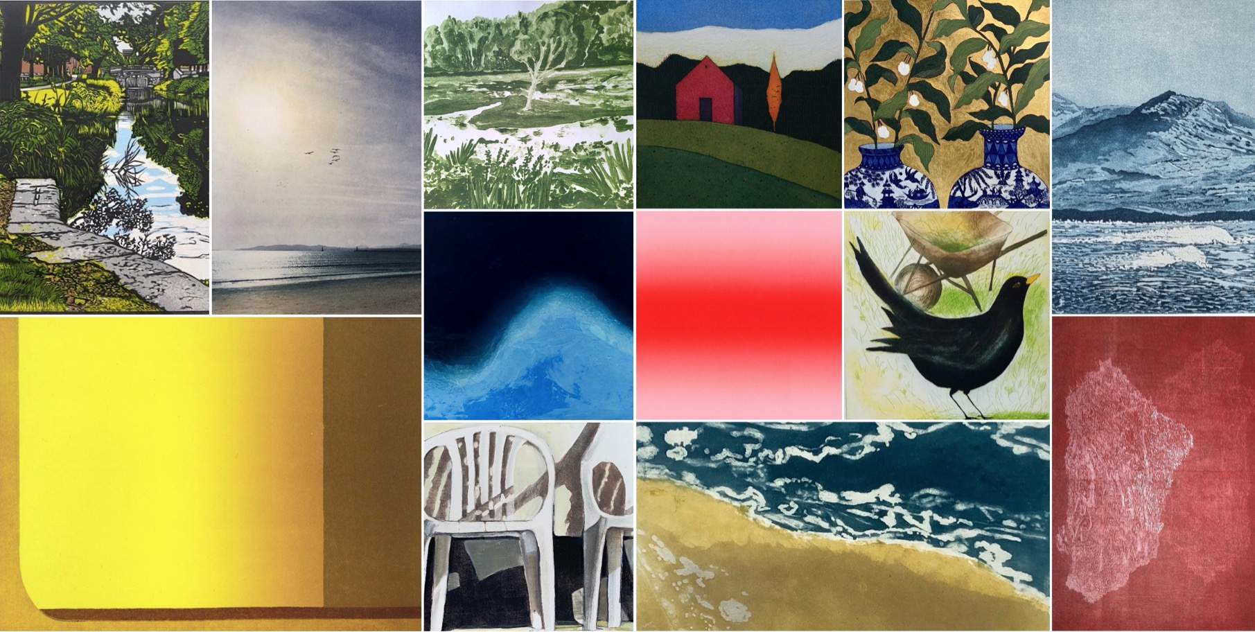 Summer Exhibition 2023 | Saturday 22 July – Saturday 26 August 2023 | Graphic Studio Gallery | Image: cropped glimpses of 13 artworks, including a blackbird, flowers in vases, seascapes, a canalscape, a riverscape, chairs, a red building, and a bit of abstraction