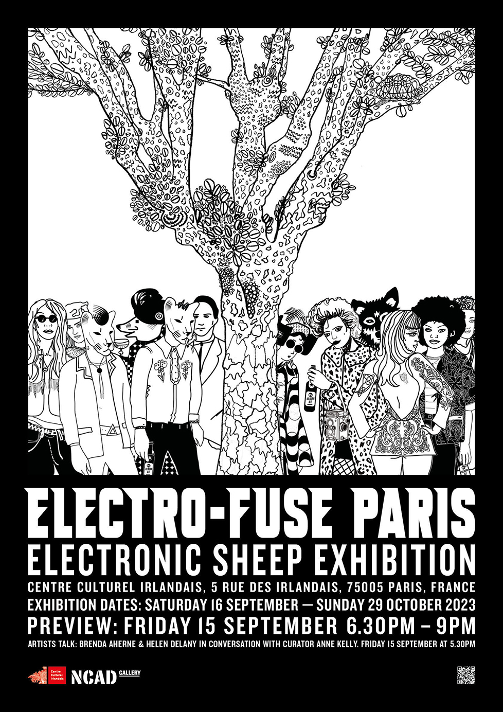 ELECTO-FUSE Paris | Electronic Sheep | Saturday 16 September – Sunday 29 October 2023 | | Image: old-style, black-and-white poster (except for one logo); effectively a line drawing, though with some black-filled elements; we see a tree in the middle of the scene with its sparsely leaved branches spreading out over the heads of group of maybe 12 youngish-looking people all looking towards us; they are in party-going gear (probably), and four of them are wearing full-head masks – two feline, one rattih, one canine 