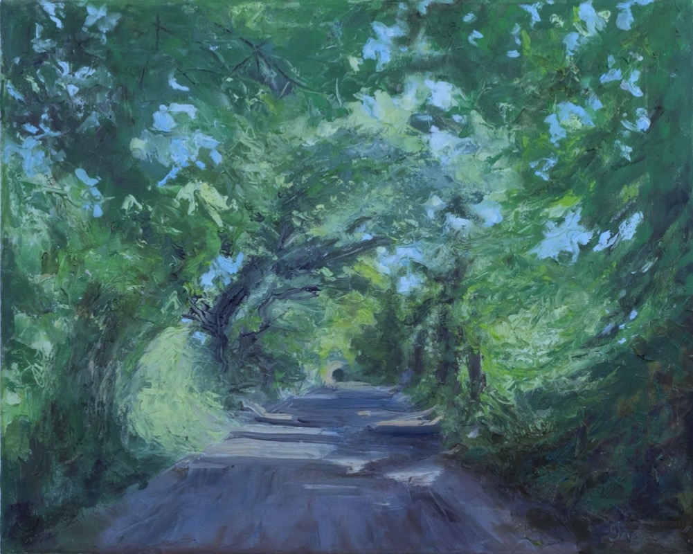 Inga Ryan: A Sense of Connection | Friday 25 August – Sunday 10 September 2023 | | Image: a painting, in oils, of a rural road, seen from the centre of that road as it converges into the distance; there is strong sunshine coming from the right, casting shadows of trees across the road; the style employs an energetic impasto, with a palette of pale yellow-green through to darker green, also reddish and blue-ish brown, dashes of near-white and some near-black 