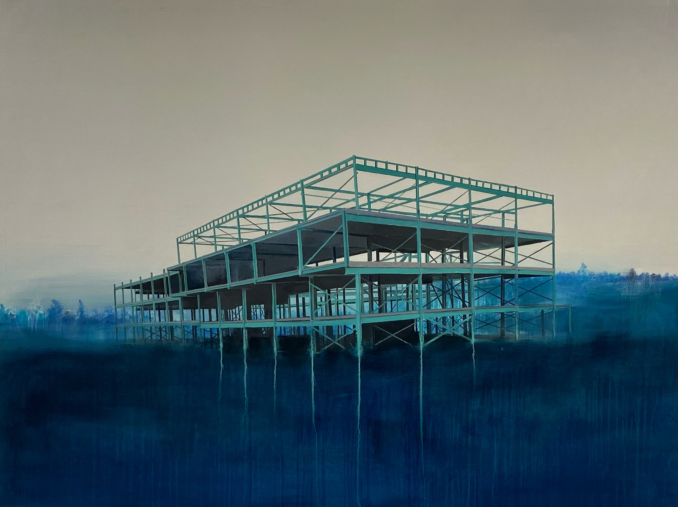 Pascal Ungerer, Earthbound, 2022, oil on canvas, 160 x 120cm | Pascal Ungerer: Speculative Artefacts | Saturday 16 September – Saturday 21 October 2023 | Uillinn: West Cork Arts Centre | Image: Pascal Ungerer, Earthbound, 2022, oil on canvas, 160 x 120cm | corner-on view of the steel-girder skeleton of a four-storey building; evidence too of concrete cross-slabs; the setting is ambiguous – the building appears to be in the water of a lake in a wooded region; the colour scheme is mostly intense blue, with muted turquoise for the girders and a brownish-grey sky 