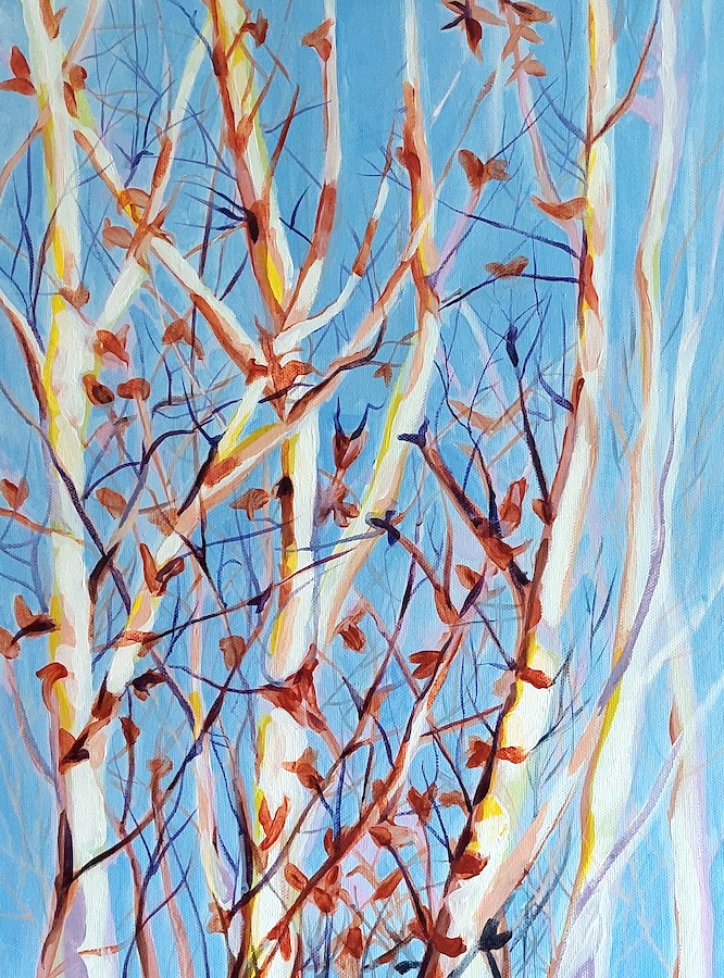 Lisa Murphy: Winter Sun, acrylic on canvas, 60 x 40 cm | Nature’s Way | Friday 22 September – Friday 8 December 2023 | Toradh2 Gallery | Image: Lisa Murphy: Winter Sun, acrylic on canvas, 60 x 40 cm | we see white (larger) and dark (smaller) branches of a tree or trees against a bright-blue winter sky; the branches still have some leave, and they are reddish-brown; the paint is handled in a loose, flowing manner 