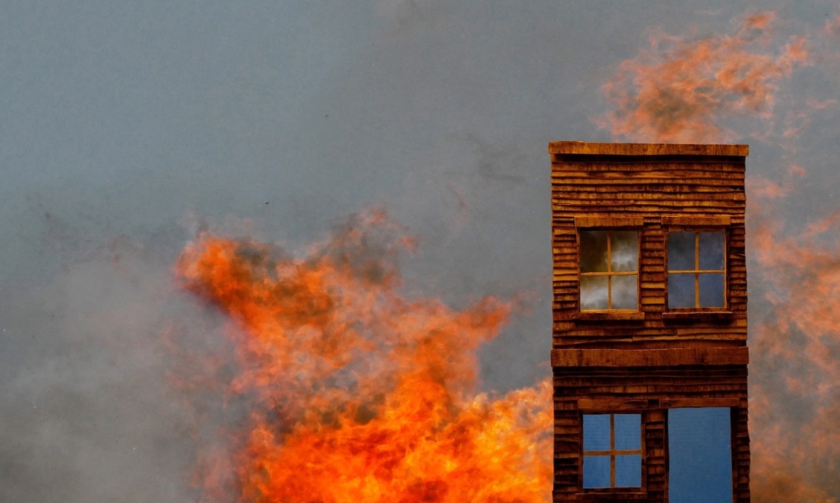 Gordon Hogan: Burnt Out House, 2023, video still | Gordon Hogan: Exploding View | Saturday 2 December 2023 – Saturday 20 January 2024 | The Source Arts Centre | Image: Gordon Hogan: Burnt Out House, 2023, video still | we see an isolated 'brownstone' building, viewed face-on but cropped so that we do not see the ground; the background is sky and flames 