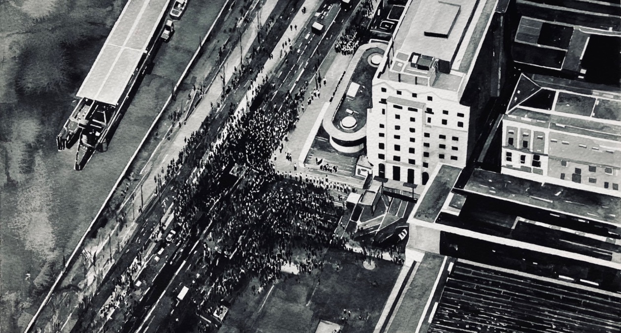 Joy Gerrard, Vigil / Protest (March the 14th 2021, Scotland Yard, London), 2023, ink on paper mounted on aluminium, 50 x 60cm, image courtesy of the artist and Cristea Roberts Gallery, London | Drawing Time | Friday 17 November 2023 – Sunday 28 January 2024 | Royal Hibernian Academy | Image: Joy Gerrard, Vigil / Protest (March the 14th 2021, Scotland Yard, London), 2023, ink on paper mounted on aluminium, 50 x 60cm, image courtesy of the artist and Cristea Roberts Gallery, London | a greyscale, fairly photorealistic though clearly painted rendering of a protest gathering view from above; we can make out a crowd below, plus buildings, a river and what appears to be a covered jetty; a cordon, possible of police with shields, is holding the crowd back from a building 