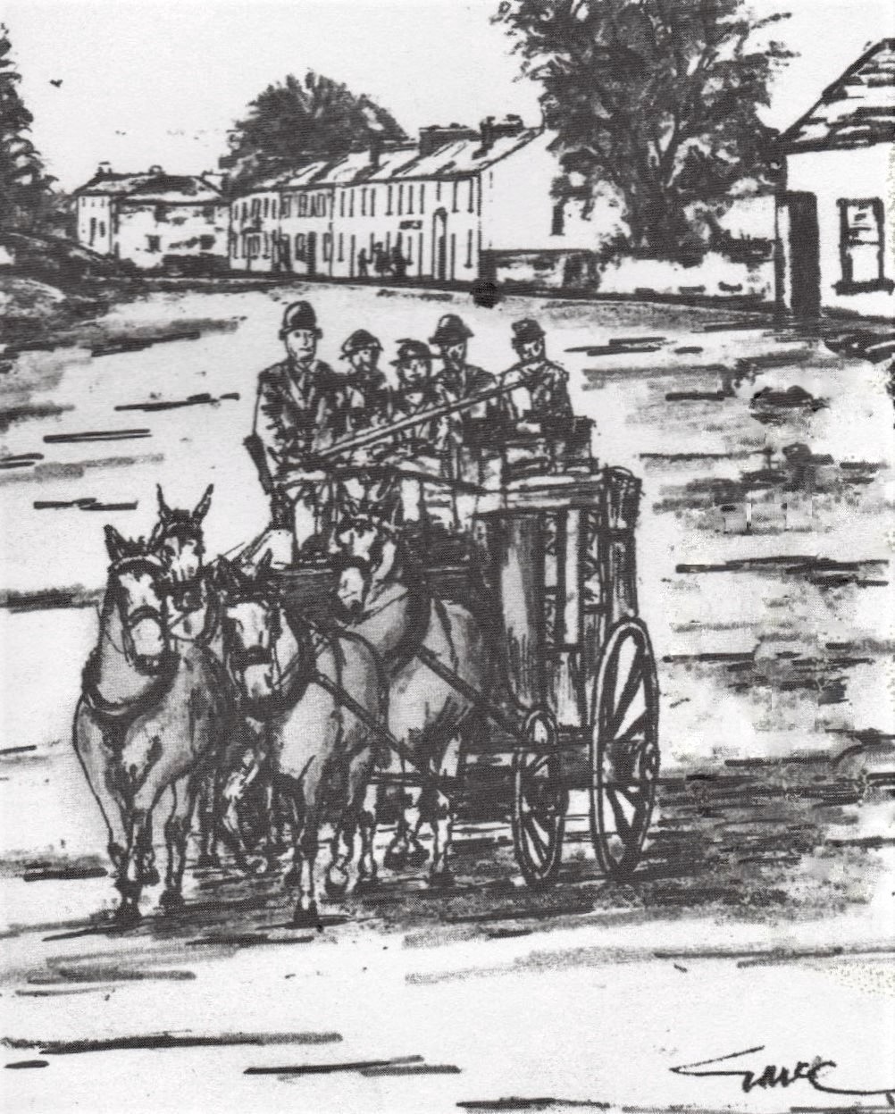 Gerry McCabe | The Ashbourne Story | Tuesday 15 August 2023 – Saturday 6 April 2024 | Toradh Gallery | Image: artwork by Gerry McCabe | the piece is a charcoal drawing or an etching; we see four horses heading towards and to the left of the viewer; the horses are drawing a carriage and we see the driver plus four men sitting at roof level of the carriage; behind is a road and townscape with trees, presumably Ashbourne 