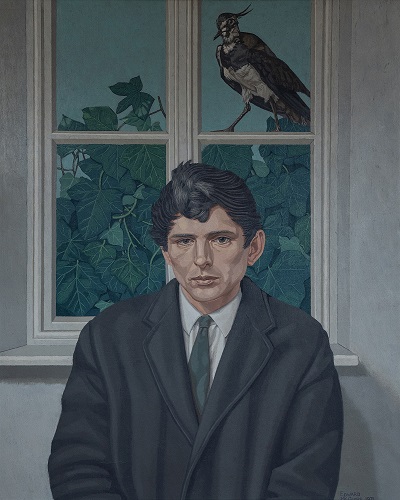 Edward Maguire,  Portrait of Michael Hartnett, 1971, oil on linen, 76 x 61cm. Joint purchase with Friends of the National Collections Ireland, FNCI & LCCC, 2022 | 100 Years of Giving – The Friends of the National Collections of Ireland (FNCI) | Friday 16 February – Sunday 7 April 2024 | Limerick City Gallery | Image: Edward Maguire,  Portrait of Michael Hartnett, 1971, oil on linen, 76 x 61cm. Joint purchase with Friends of the National Collections Ireland, FNCI & LCCC, 2022 | the poet is facing us with his back to a window; through one pane of that window we see a bird, apparently perched on the crossbar of the window; behind is what seems to be a very large-leaved plant; the poet is looking out at the viewer, though in a way that suggests being lost in thought; dark hair, shirt, tie, jacket or coat; we only see from mid-torso upwards; overall tint of grey 