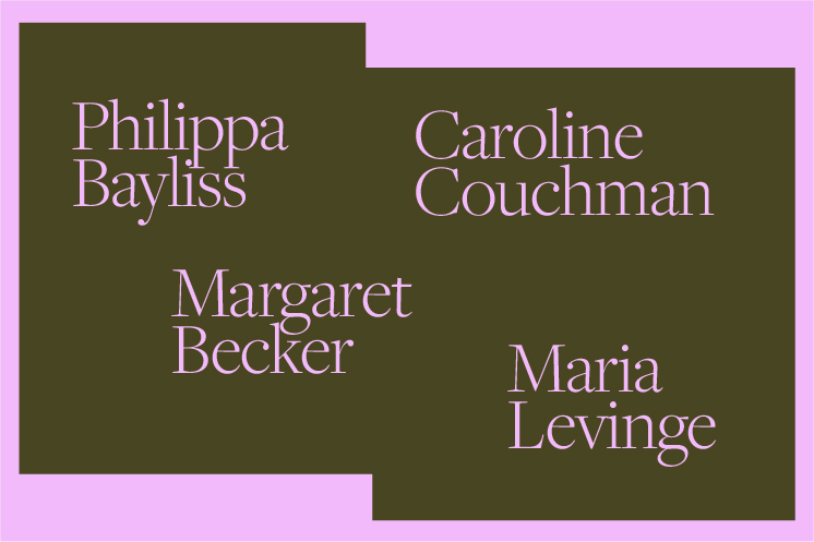 Bayliss, Becker, Couchman & Levinge: International Women’s Day Exhibition | Friday 8 March – Sunday 12 May 2024 | Butler Gallery | Image: very pink background, on which two dark-brown rectangles touching other and covering most of the pink, and on these rectangles the names of the four artists in pink serif font 